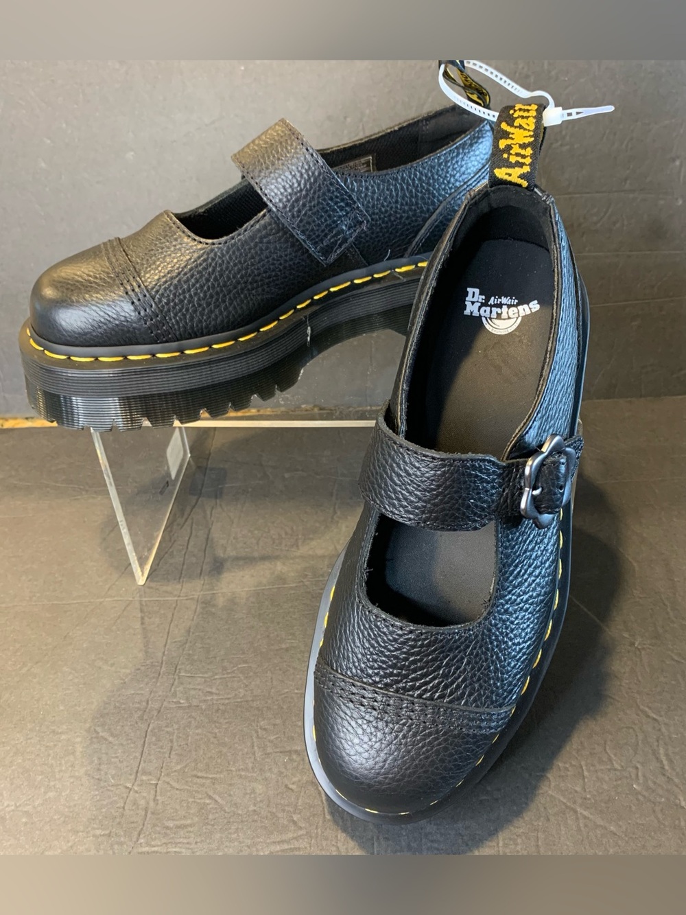 Dr. Martens NEW 8 Black Addina Flower Buckle Leather Platform Mary Jane Shoes.